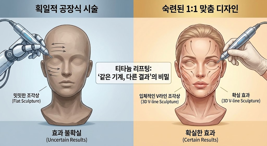 이미지 설명: 티타늄 리프팅의 '조각' 비유 인포그래픽. 동일한 최고급 조각칼(티타늄 장비)을 들고 있지만, (좌측) 획일적으로 문지르는 공장식 시술(밋밋한 조각상)과 (우측) 숙련된 의사가 디자인하여 빚어내는 맞춤 시술(입체적인 V라인 조각상)을 대비하여 시각화.
