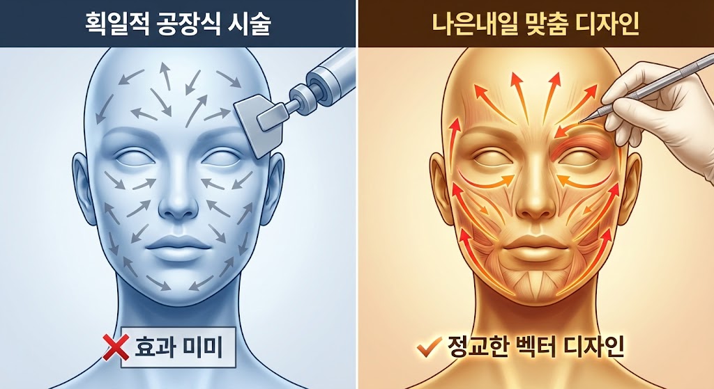 (좌측 - 공장식): 방향성 없이 획일적으로 얼굴 전체를 문지르는 무작위 화살표 (효과 미미).  (우측 - 나은내일 맞춤 디자인): 얼굴의 해부학적 구조(유지 인대, 심부볼 등)를 바탕으로, 부위별로 정확히 처진 반대 방향으로 끌어올리는 '벡터 화살표'를 정교하게 디자인한 모습.