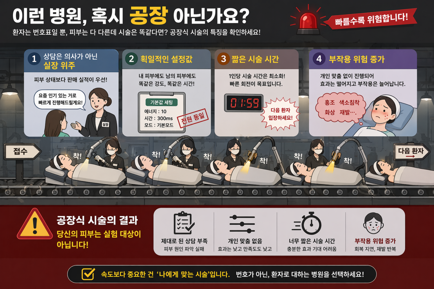 공장식 시술의 특징을 풍자하는 인포그래픽. 컨베이어 벨트 위에 환자들이 누워있고, 획일적인 방식으로 빠르게 시술이 진행되는 모습을 시각화. (키워드: 상담 실장 위주, 획일적 설정값, 짧은 시술 시간, 부작용 위험 증가)