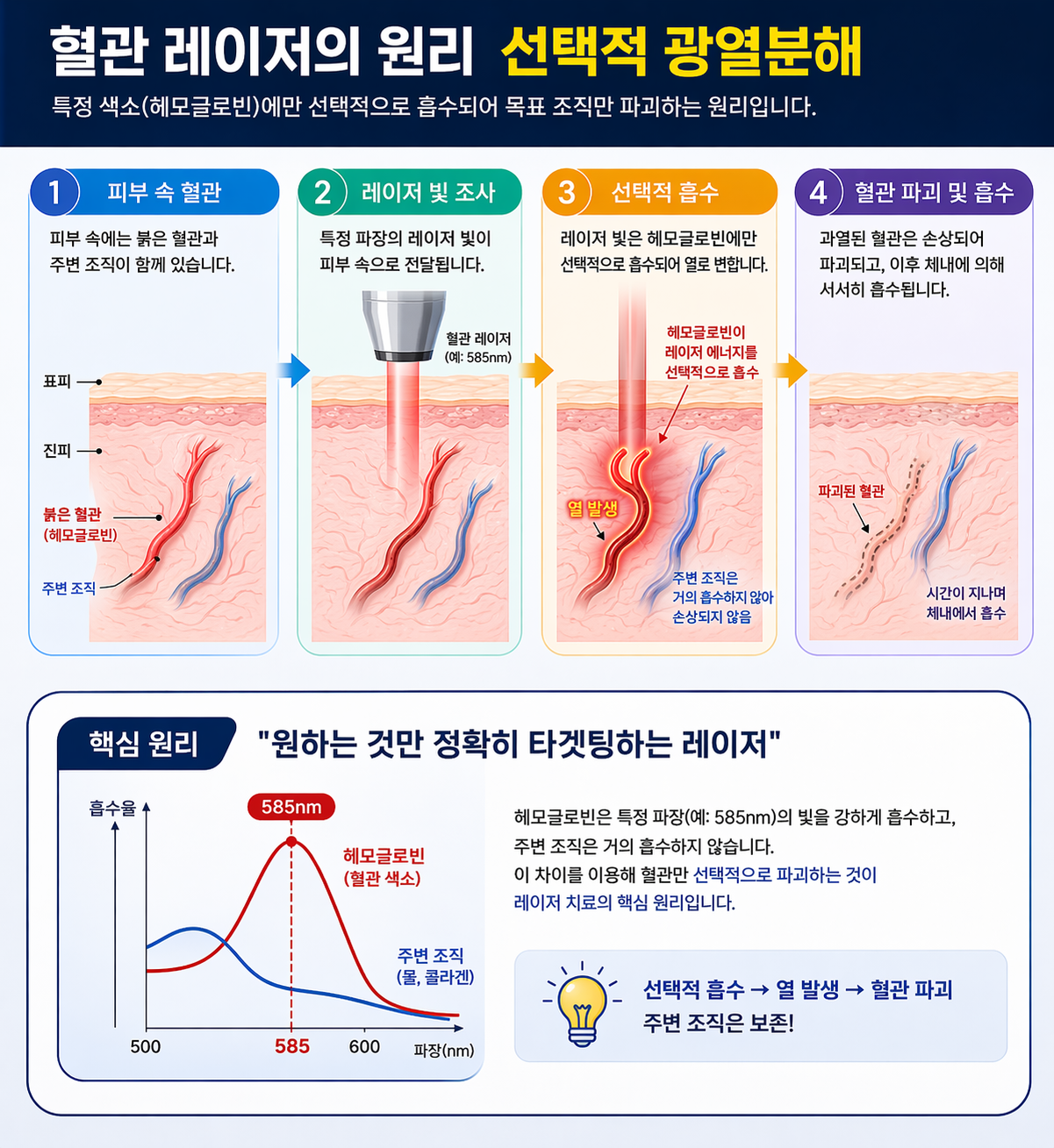 혈관 레이저의 원리(선택적 광열분해) 다이어그램. 레이저 빛이 피부 속으로 들어가서 헤모글로빈(붉은 혈관)에만 선택적으로 흡수되어 혈관이 파괴되는 모습을 시각화.