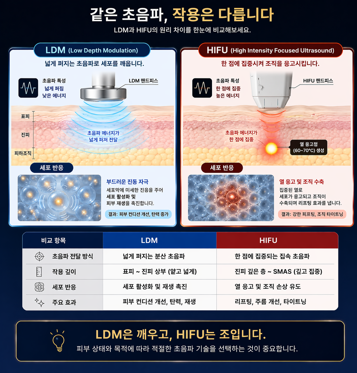 🖼️ [이미지 삽입 구간 1] 이미지 설명: LDM과 HIFU 원리 비교 다이어그램.  (LDM): 초음파가 넓게 퍼지며 피부 세포를 부드럽게 진동시키는 모습 (활성화).  (HIFU): 초음파가 한 점에 집중되어 열 응고점을 만드는 모습 (응고/파괴).
