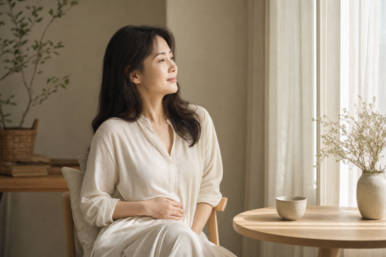 따뜻한 자연광이 드는 차분한 실내에서 한 여성이 창가를 바라보는 편안한 분위기의 사진