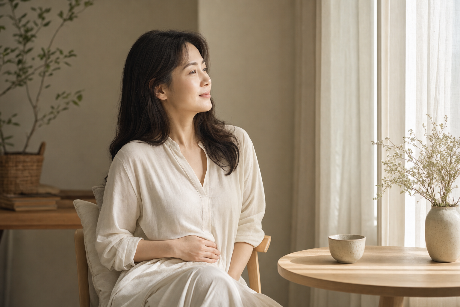 따뜻한 자연광이 드는 차분한 실내에서 한 여성이 창가를 바라보는 편안한 분위기의 사진
