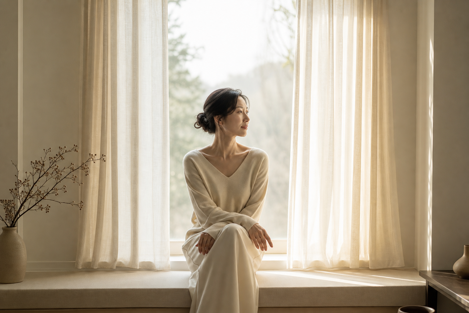 부드러운 자연광 아래 차분하게 창밖을 바라보는 여성의 편집 화보 무드 사진
