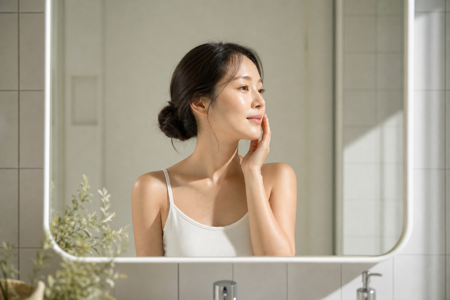 린넨 위에 놓인 유리 스킨케어 용기들이 은은한 빛을 받는 정갈한 화장대 정물 컷