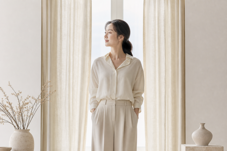 부드러운 자연광 아래 편안한 표정으로 창가에 선 여성의 잔잔한 매거진 화보 무드