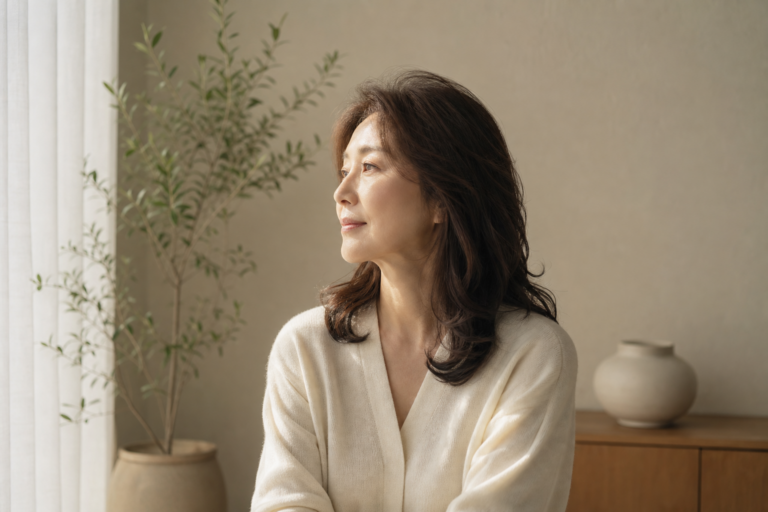 부드러운 자연광 아래 창가에 선 40대 여성의 차분한 옆모습, 편집 화보 무드