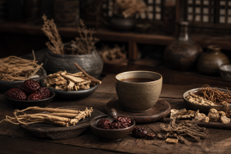 밝은 창가 식탁에서 따뜻한 차를 든 채 무언가를 가늠하듯 생각에 잠긴 50대 초반 한국인 여성의 잔잔한 장면