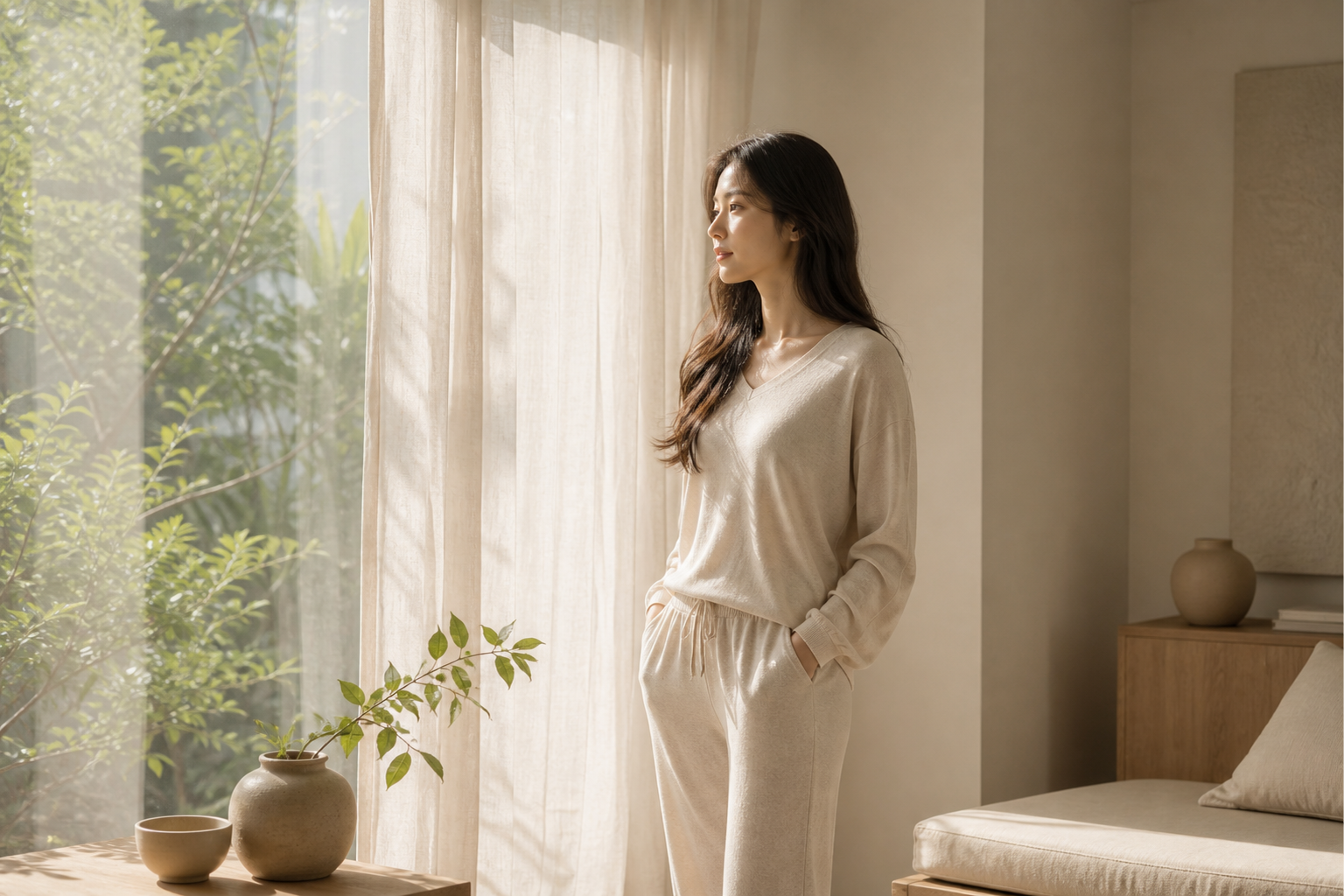 부드러운 자연광이 드는 차분한 실내에서 편안한 옷차림으로 창밖을 바라보는 여성의 에디토리얼 화보