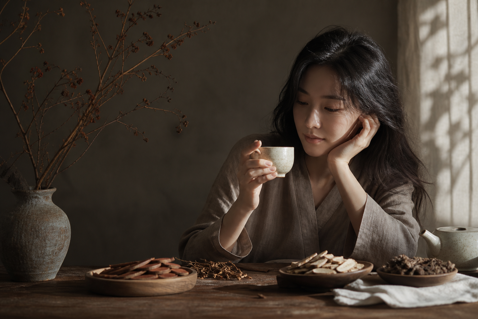 책상에서 스마트폰으로 연수구 소화 한의원 후기를 넘겨보며 결정 못 하는 사람과 명치를 짚는 손 — 연수구 담적 한의원 선택
