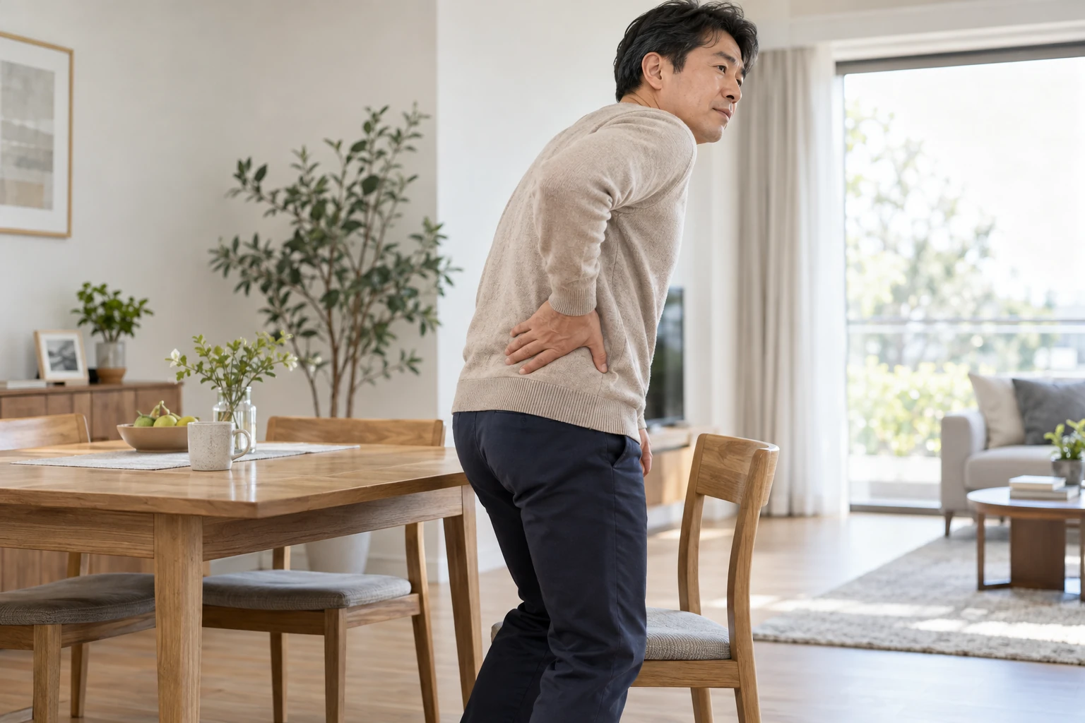 의자에서 일어나며 허리의 불편한 부위를 짚어보는 남성