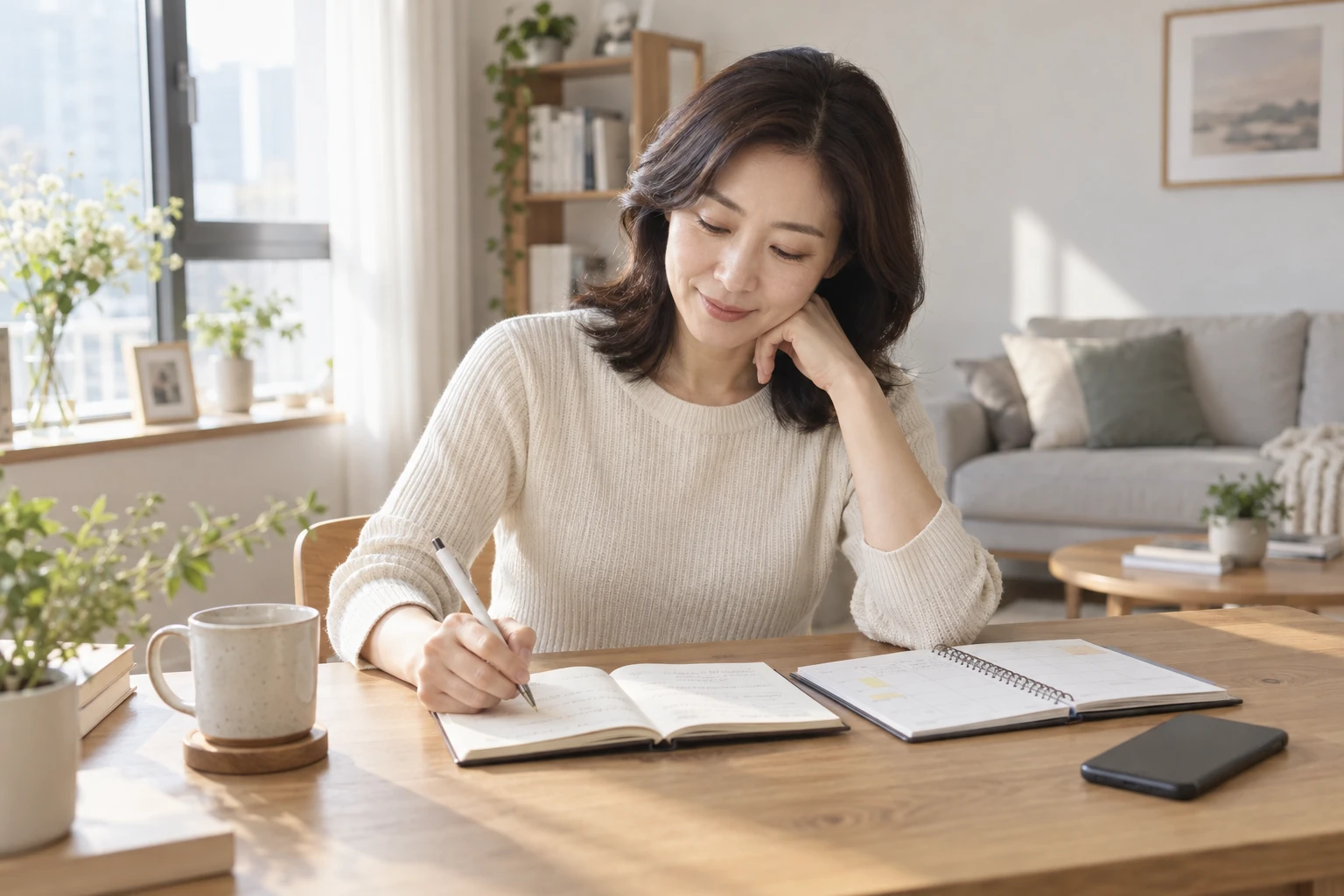 고혈압·당뇨약 복용 중 다이어트 한약 진료에 가져갈 생활 기록을 수첩에 적는 모습