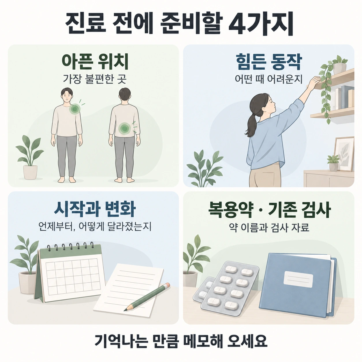 협착증과 디스크 차이를 상담하기 전 정리할 통증 위치·힘든 동작·증상 변화·복용약과 검사 자료