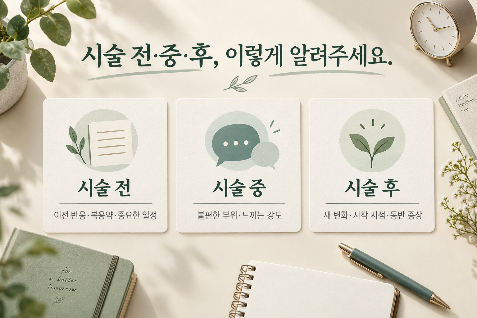 온다 효과 상담에서 이전 반응·중요한 일정·시술 중 불편을 알리는 준비 도해